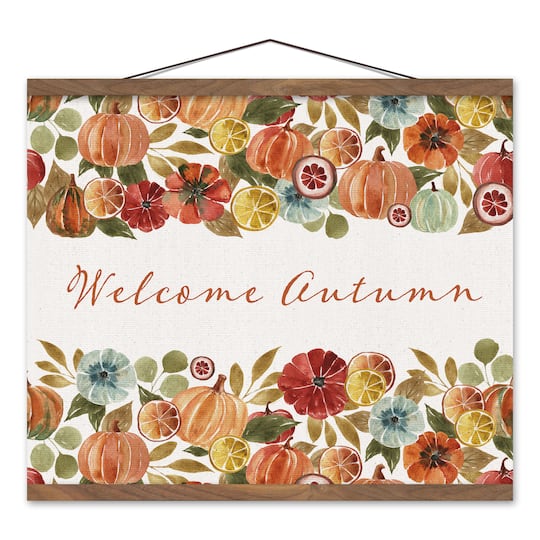 Welcome Autumn Watercolor Pumpkins Teak Hanging Canvas